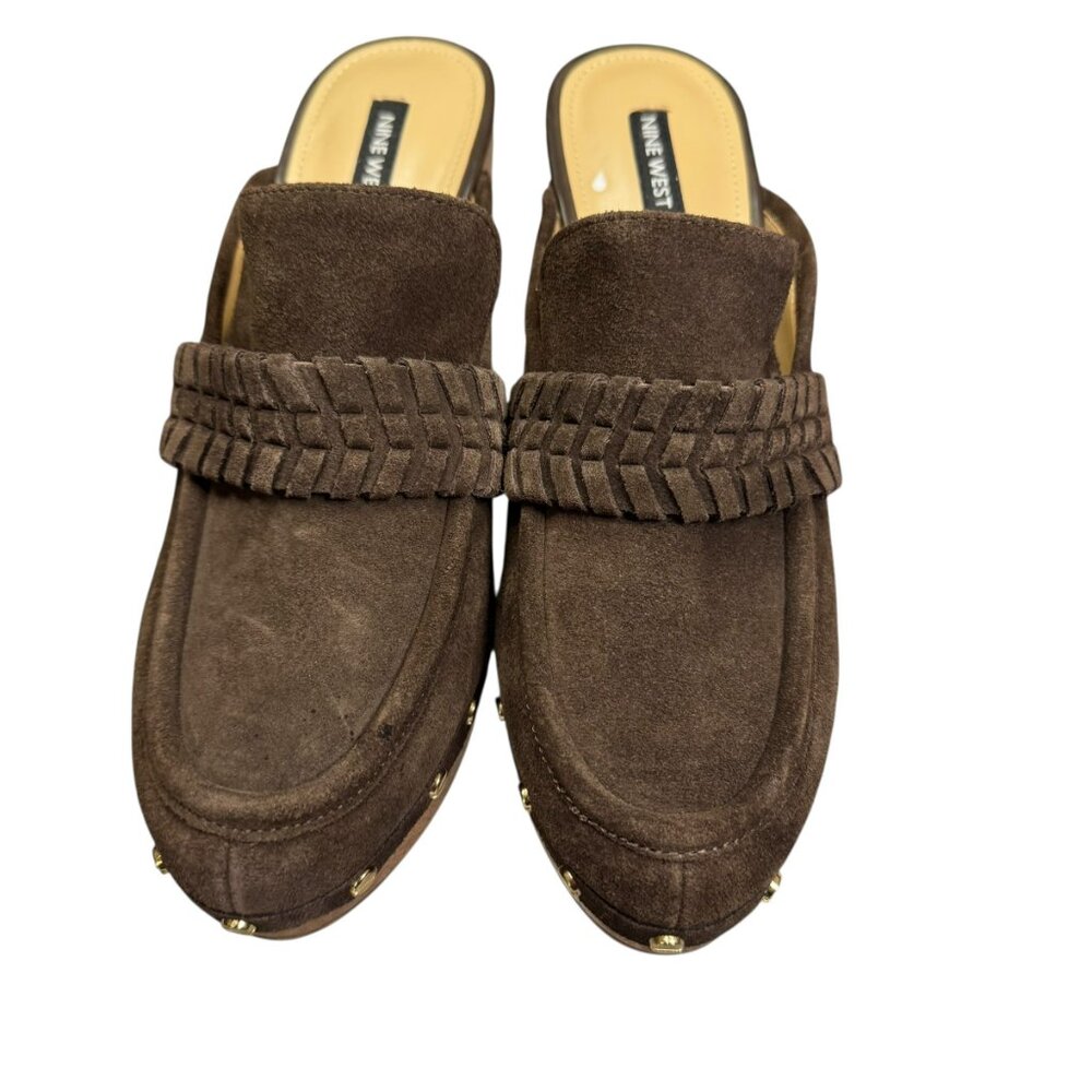 Nine West WNFlowr Brown Suede Platform Clogs Size 9.5 – Studded Wood Block Heel
